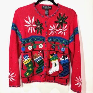 Hampshire Studio Vintage Red Embroidered Christmas Sweater Cardigan Size XL